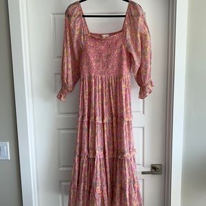 Capri tiered shirred floral-print midi dress in Melon Punch